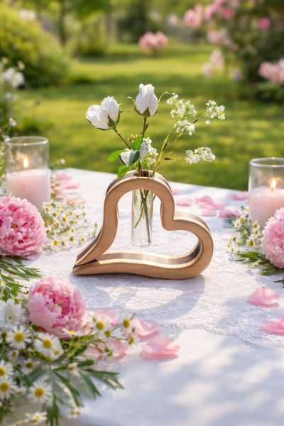 Vase in Herzform auf einem festlichen Tisch